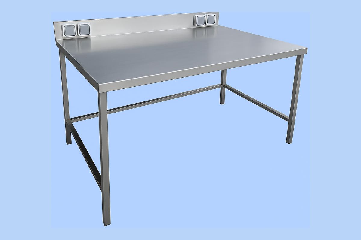 Table adossée inox avec prises sur dosseret arrière